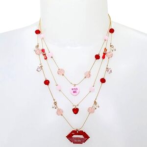 Betsey Johnson Sweetheart Lips Layered Necklace Gold Tone Red Crystals Beads